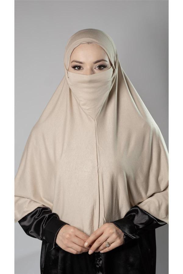 Hürrem Bone Bej Pratik Hazır Geçmeli Tesettür Eşarp Viskon Arkası Lastikli Peçeli 2112_12 - Image 1