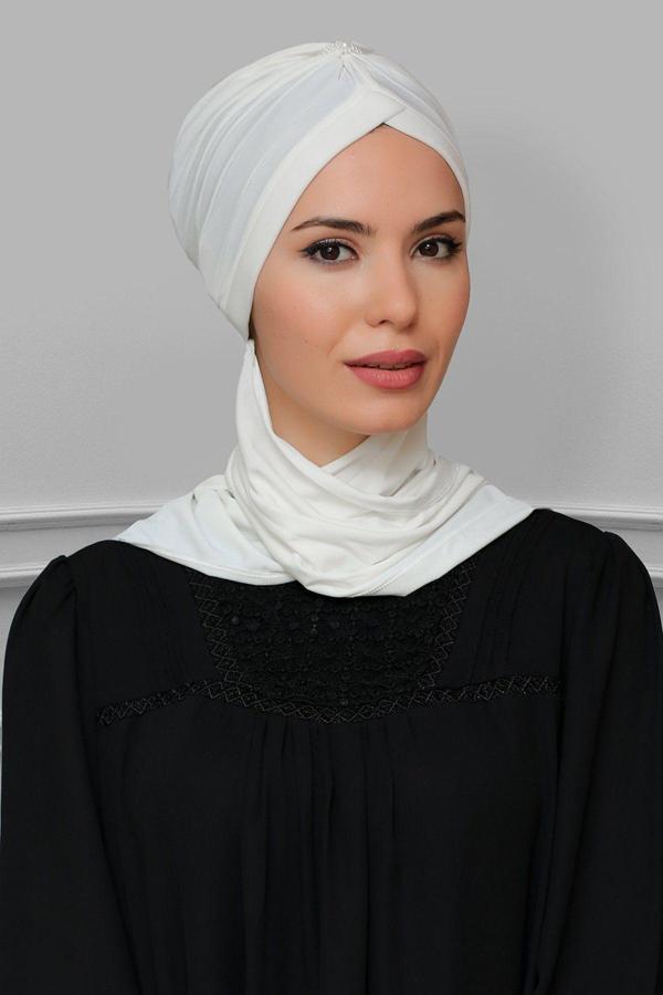 Hürrem Bone Krem Pratik Hazır Geçmeli Tesettür Bone Sandy Kumaş Taçlı Büzgülü Şifon Atkılı 1208A_40 - Image 1