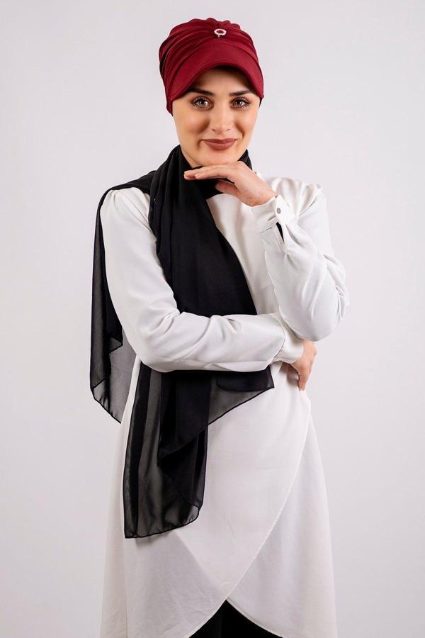 Hürrem Bone Bordo Pratik Hazır Geçmeli Tesettür Bone Viskon Kumaş Şapkalı Aksesuarlı 2104_16 - Image 1