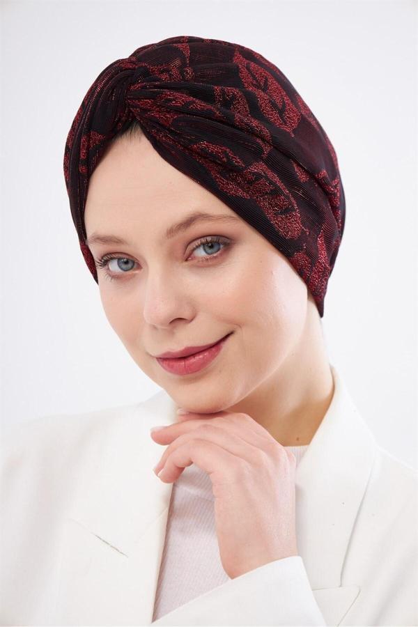 Hürrem Bone Bordo Simli Büzgülü Tesettür Bone Jakar Çiçek Desenli 2317_16 - Image 1