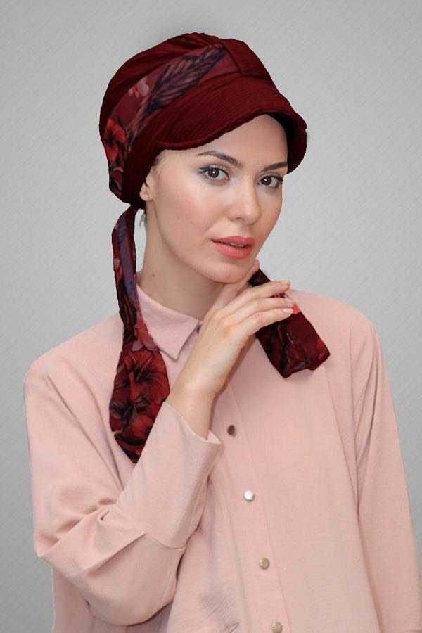 Hürrem Bone Bordo Şapkalı Tesettür Bone Kesik Elyaf Desenli Şifon Kemerli 1902_16 - Image 1