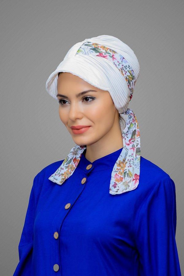 Hürrem Bone Krem Şapkalı Tesettür Bone Kesik Elyaf Desenli Şifon Kemerli 1902_40 - Image 1