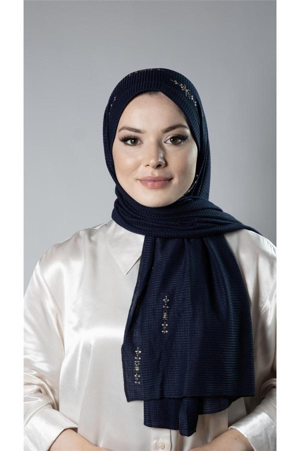 Hürrem Bone Lacivert Pratik Hazır Geçmeli Tesettür Şal Örme Kumaş Taşlı Yıldız Desenli  2118Y_02 - Image 1