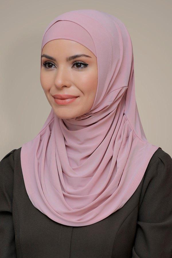 Hürrem Bone Pudra Pratik Hazır Geçmeli Tesettür Eşarp Sandy Kumaş Kendinden Boneli 1290_06 - Image 1