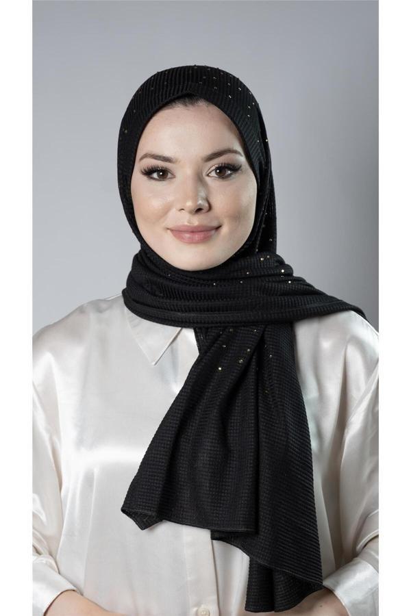 Hürrem Bone Siyah Pratik Hazır Geçmeli Tesettür Şal Örme Kumaş Taş Desenli 2118T_01 - Image 1