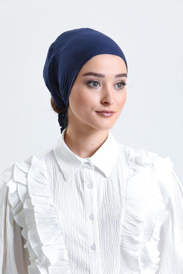Hürrem Bone Lacivert Arkadan Bağlamalı Tesettür Bone Penye Kumaş Düz Bone 1011_02 - Image 1