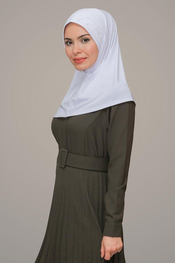 Hürrem Bone Beyaz Pratik Hazır Geçmeli Tesettür Eşarp Sandy Kumaş Elişi Çiçek Işlemeli Laleli 1603_42 - Image 1