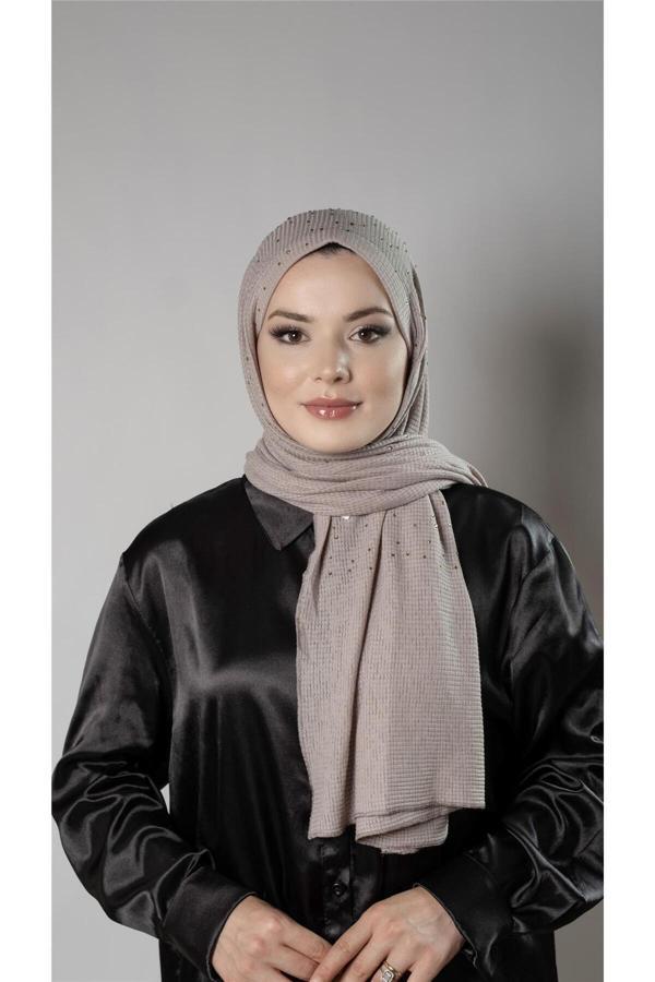 Hürrem Bone Vizon Pratik Hazır Geçmeli Tesettür Şal Örme Kumaş Taş Desenli 2118T_10 - Image 1