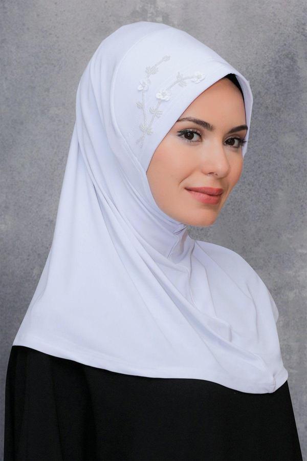 Hürrem Bone Beyaz Pratik Hazır Geçmeli Tesettür Eşarp Sandy Kumaş Elişi Çiçek Işlemeli Pullu 1604_42 - Image 1