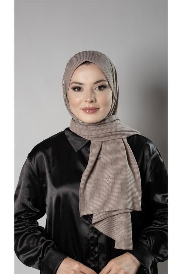 Hürrem Bone Vizon Pratik Hazır Geçmeli Tesettür Şal Örme Kumaş Taşlı Çiçek Desenli  2118C_10 - Image 1