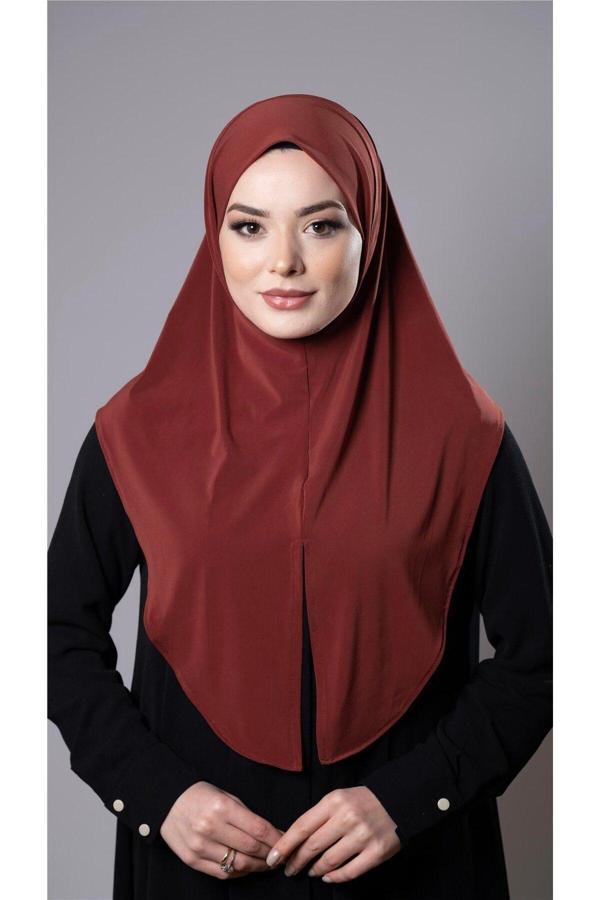 Hürrem Bone Kiremit Pratik Hazır Geçmeli Tesettür Eşarp Sandy Kumaş Yırtmaçlı Düz Hijab 2310_05 - Image 1