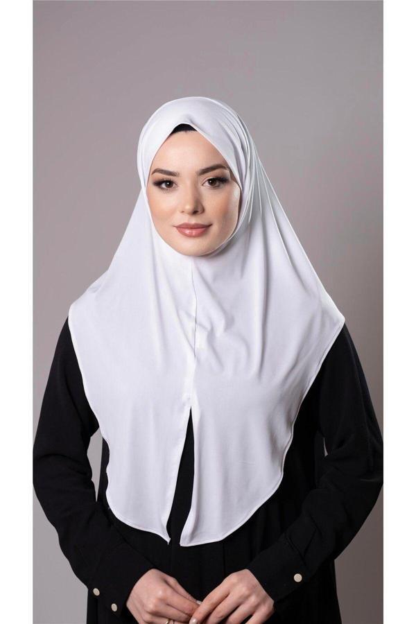 Hürrem Bone Beyaz Pratik Hazır Geçmeli Tesettür Eşarp Sandy Kumaş Yırtmaçlı Düz Hijab 2310_42 - Image 1