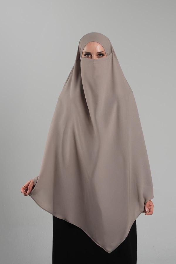 Hürrem Bone Koyu Bej Pratik Hazır Geçmeli Tesettür Eşarp Krep Bağcıklı Çift Katlı Sufle Hijab 2314_44 - Image 1