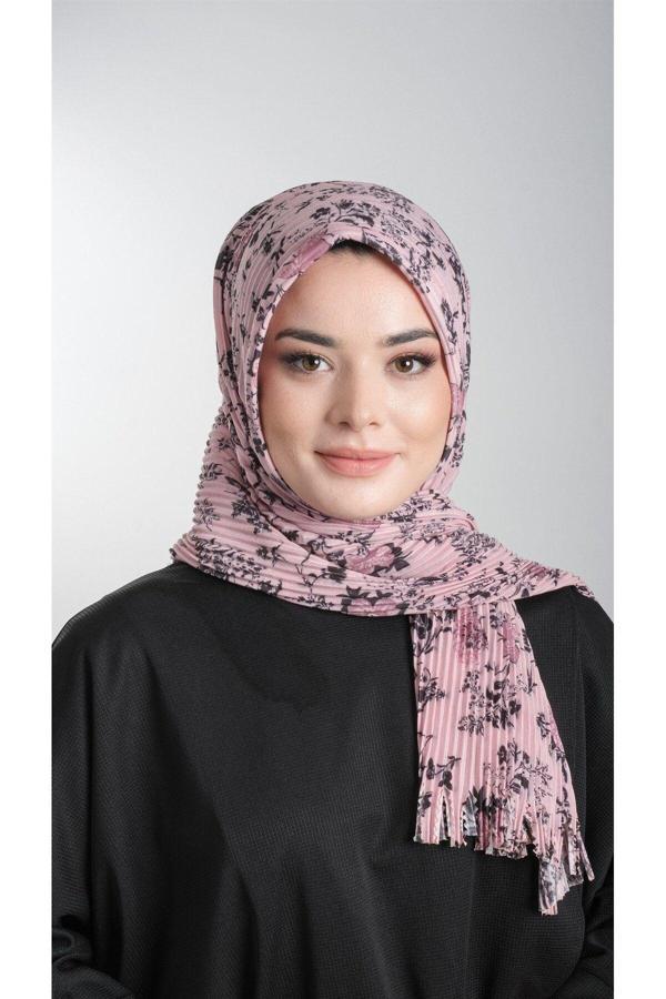 Hürrem Bone Pudra-Siyah Pratik Hazır Geçmeli Tesettür Eşarp Kesik Elyaf Piliseli Çiçek Desenli 1818D6_601 - Image 1