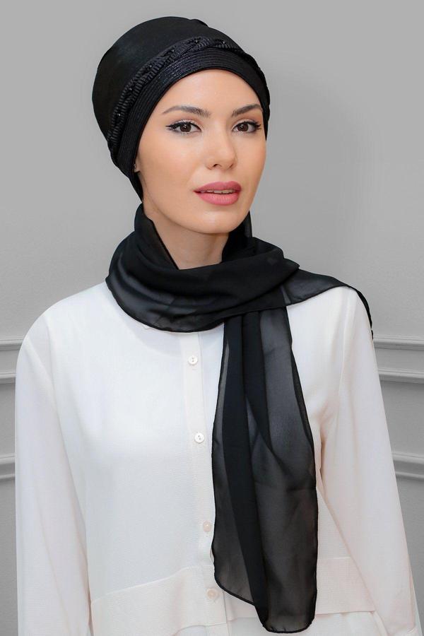 Hürrem Bone Siyah Pratik Hazır Geçmeli Tesettür Bone Fukuro Piliseli Örgülü Şifon Atkılı 1825A_01 - Image 1