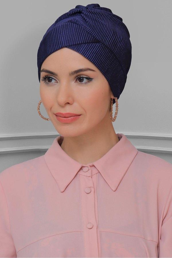 Hürrem Bone Lacivert Pratik Hazır Geçmeli Tesettür Bone Fukuro Piliseli Çapraz Büzgülü 1822_02 - Image 1