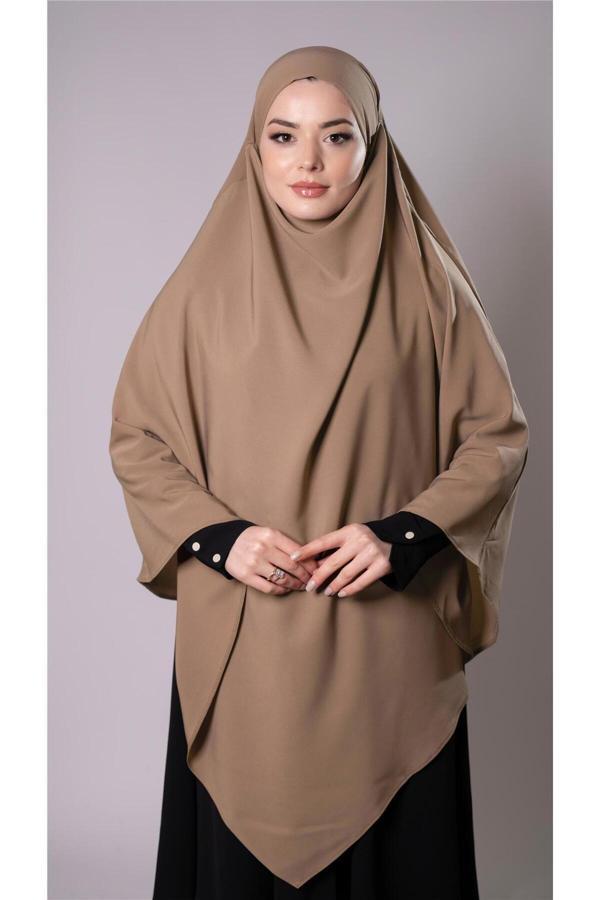 Hürrem Bone Koyu Bej Pratik Hazır Geçmeli Tesettür Eşarp Medine İpeği Bağcıklı Sufle Hijab 2301_44 - Image 1
