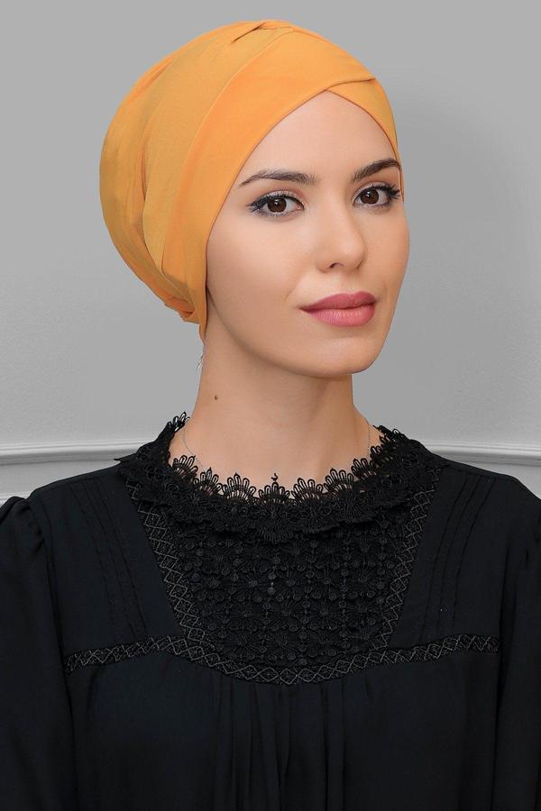 Hürrem Bone Gold Pratik Hazır Geçmeli Tesettür Bone Sandy Kumaş Çapraz Büzgülü 1801_03 - Image 1