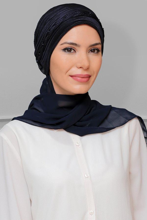 Hürrem Bone Lacivert Pratik Hazır Geçmeli Tesettür Bone Fukuro Piliseli Örgülü Şifon Atkılı 1825A_02 - Image 1