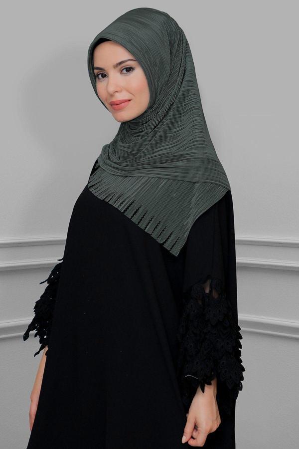 Hürrem Bone Koyu Gri Pratik Hazır Geçmeli Tesettür Eşarp Fukuro Piliseli Saçaklı Lazer Kesim 1828_23 - Image 1