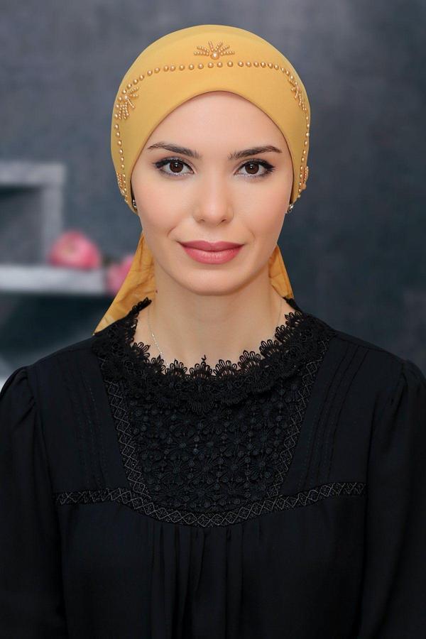 Hürrem Bone Gold Pratik Hazır Geçmeli Tesettür Bone Sandy Kumaş Güllü Boncuklu Işlemeli 1206_03 - Image 1