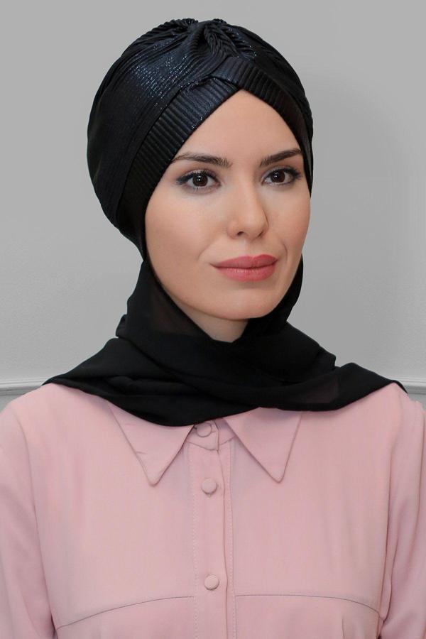 Hürrem Bone Siyah Pratik Hazır Geçmeli Tesettür Bone Fukuro Piliseli Tek Çapraz Büzgülü Şifon Atkılı 1824A_01 - Image 1