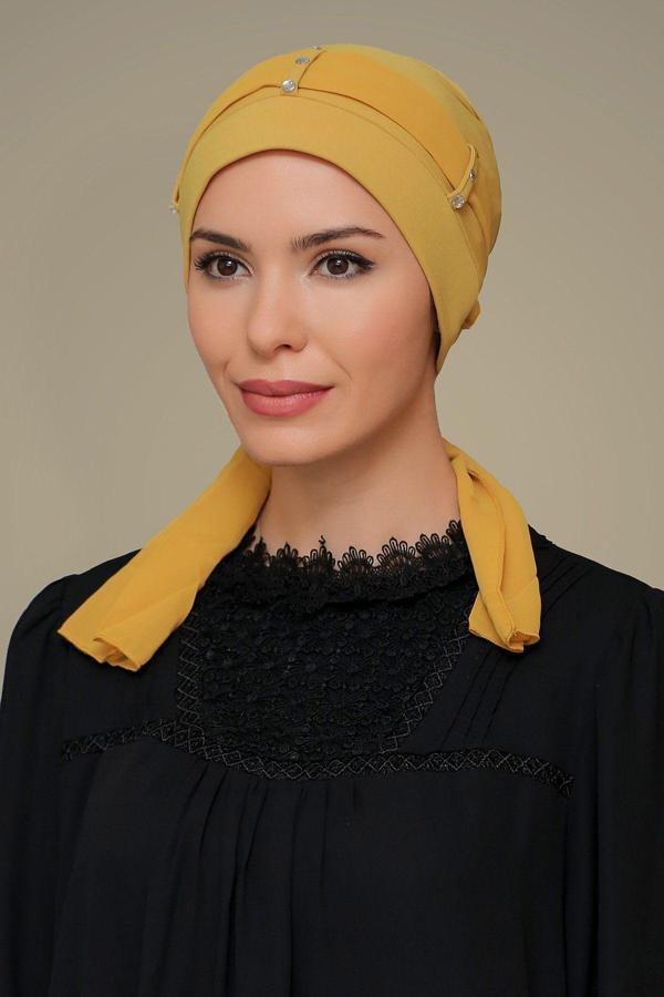 Hürrem Bone Gold Pratik Hazır Geçmeli Tesettür Bone Sandy Kumaş Kemerli Taşlı 1205_03 - Image 1