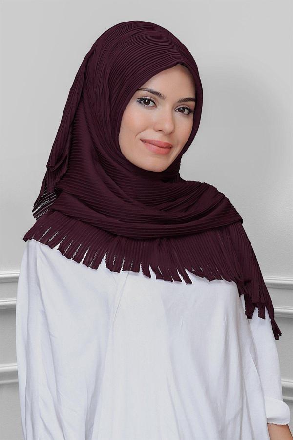 Hürrem Bone Bordo Arkadan Bağlamalı Tesettür Eşarp Kesik Elyaf Piliseli Saçaklı Lazer Kesim 1918_16 - Image 1