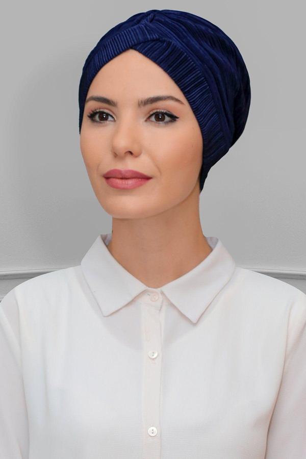 Hürrem Bone Lacivert Pratik Hazır Geçmeli Tesettür Bone Fukuro Piliseli Tek Çapraz Büzgülü 1824_02 - Image 1