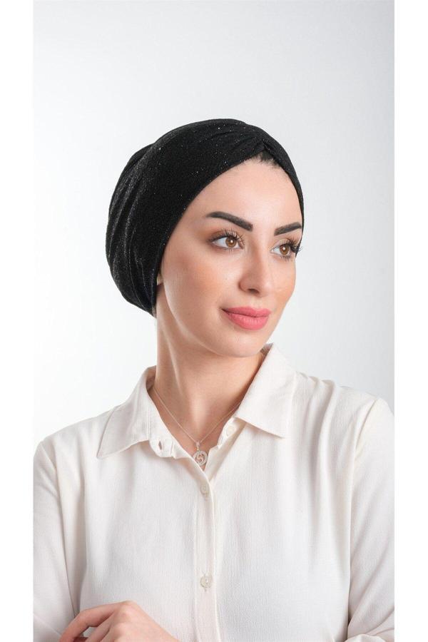 Hürrem Bone Siyah Pratik Hazır Geçmeli Tesettür Bone Fukuro Simli Büzgülü 2116_01 - Image 1