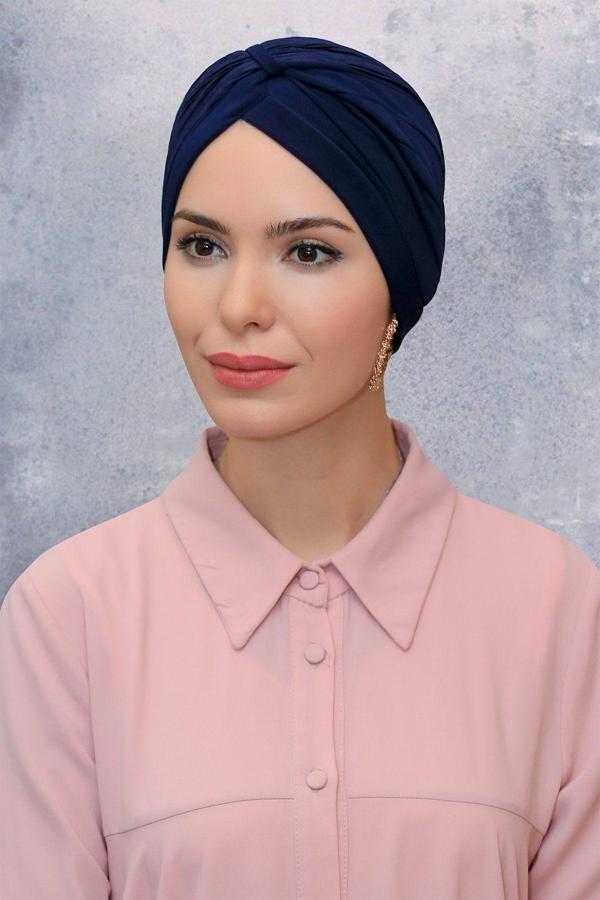 Hürrem Bone Lacivert Pratik Hazır Geçmeli Tesettür Bone Fukuro Sandy Kumaş Büzgülü 1831_02 - Image 1