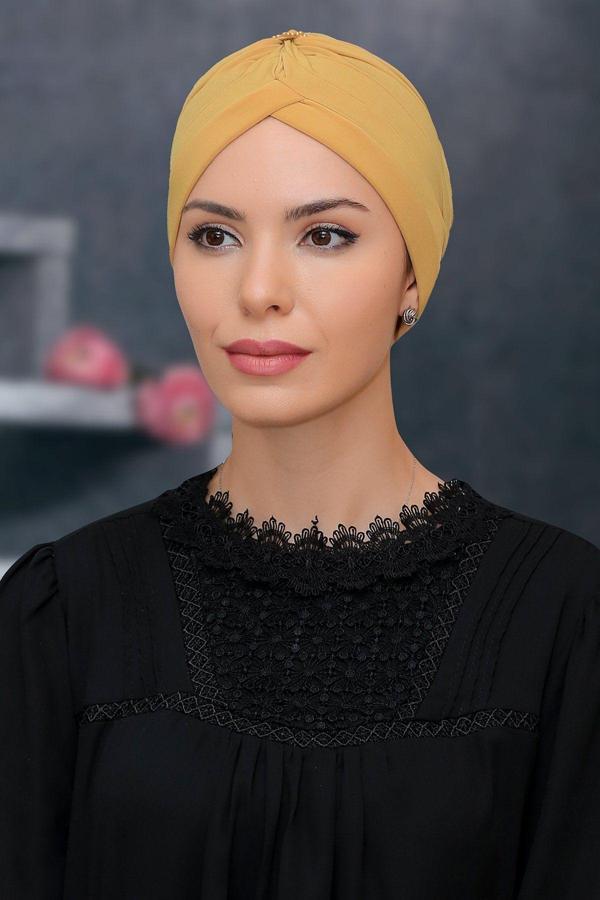 Hürrem Bone Gold Pratik Hazır Geçmeli Tesettür Bone Sandy Kumaş Taçlı Büzgülü 1208_03 - Image 1
