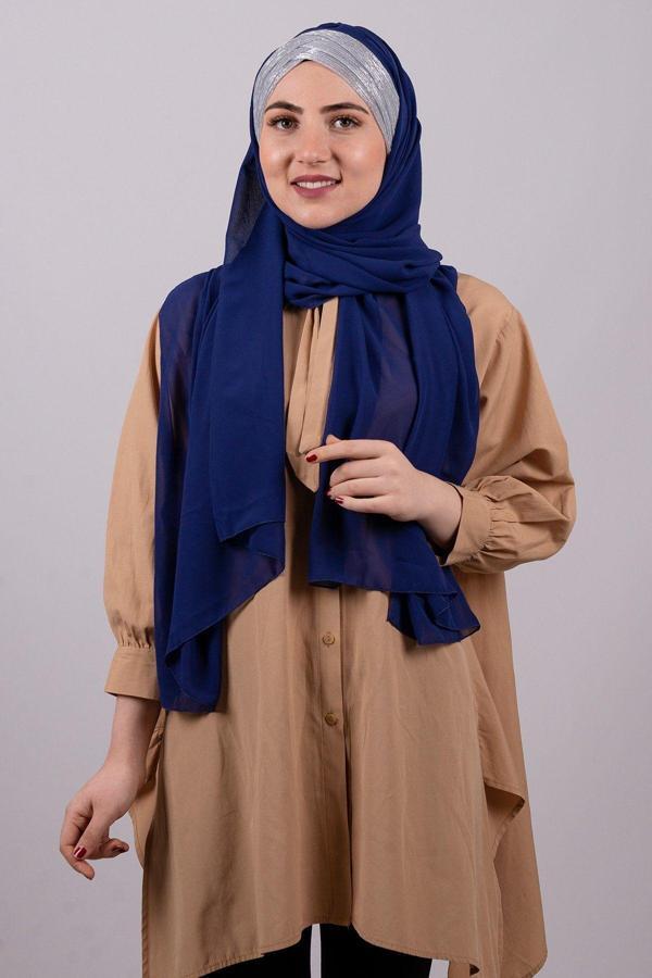 Hürrem Bone Saks Mavisi-Gümüş Arkadan Bağlamalı Şal Şifon Üç Bantlı Simli Pileli 1835_2401 - Image 1