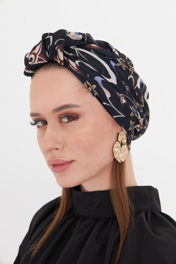 Hürrem Bone Siyah Pratik Hazır Geçmeli Tesettür Bone Kesik Elyaf Retro Desenli 2409_01 - Image 1