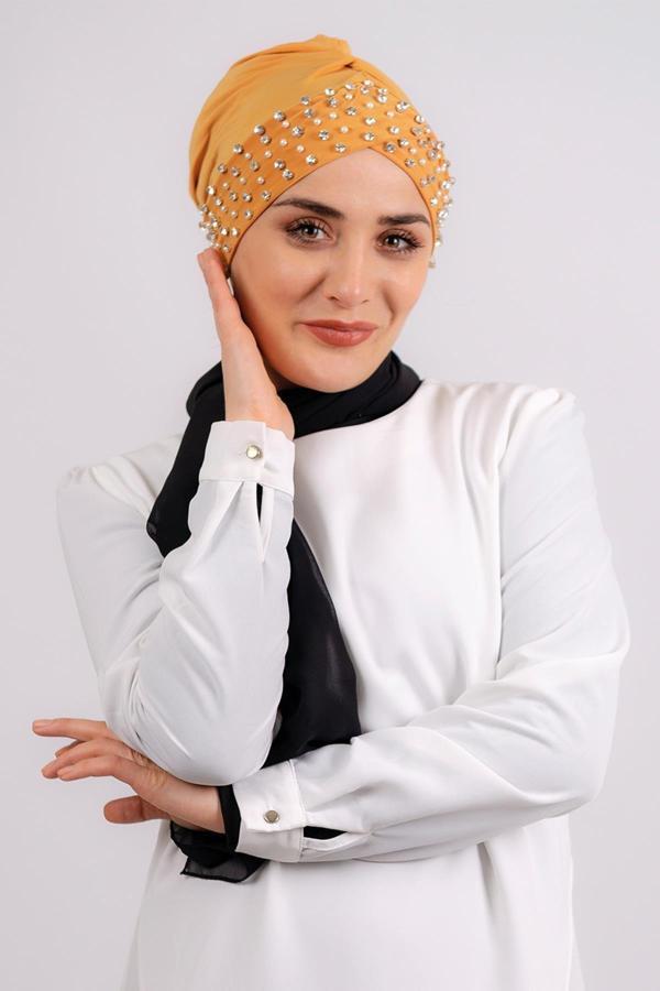 Hürrem Bone Gold Pratik Hazır Geçmeli Tesettür Bone Sandy Kumaş Taşlı 1456_03 - Image 1