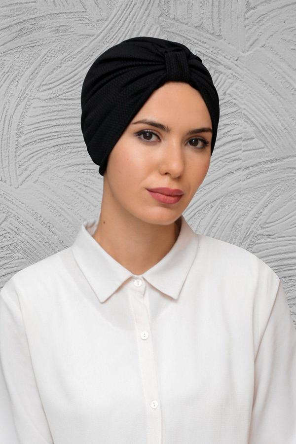 Hürrem Bone Siyah Pratik Hazır Geçmeli Tesettür Bone Petekli Büzgülü 1204_01 - Image 1