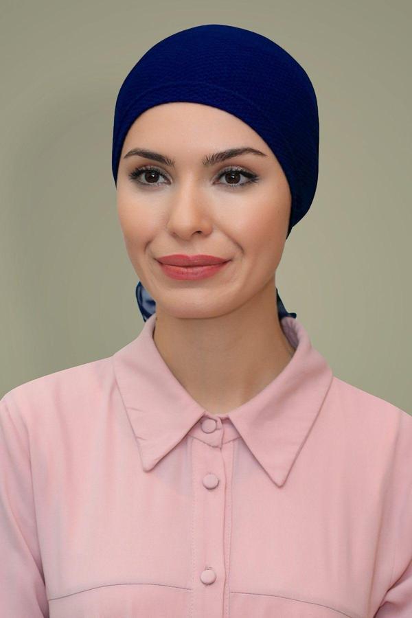 Hürrem Bone Lacivert Pratik Hazır Geçmeli Tesettür Bone Petekli Güllü 1201_02 - Image 1