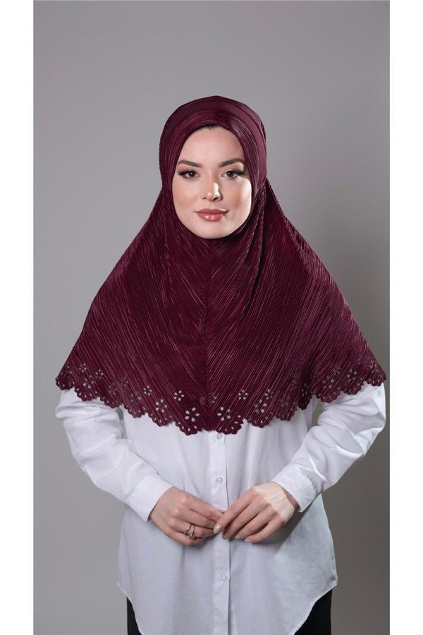 Hürrem Bone Bordo Pratik Hazır Geçmeli Tesettür Eşarp Fukuro Kumaş Piliseli Çiçek Desenli Lazer Kesim 1829_16 - Image 1