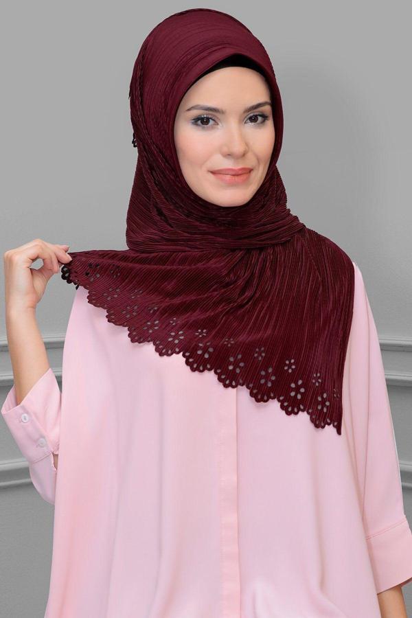 Hürrem Bone Bordo Pratik Hazır Geçmeli Tesettür Eşarp Fukuro Piliseli Çiçek Desenli Lazer Kesim 1819_16 - Image 1