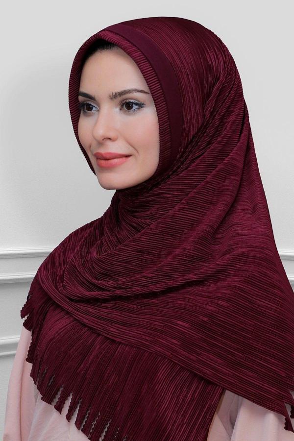 Hürrem Bone Bordo Pratik Hazır Geçmeli Tesettür Eşarp Fukuro Piliseli Saçaklı Lazer Kesim 1820_16 - Image 1