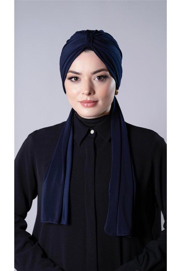 Hürrem Bone Lacivert Pratik Hazır Geçmeli Tesettür Bone Sandy Kumaş Atkılı 2204_02 - Image 1