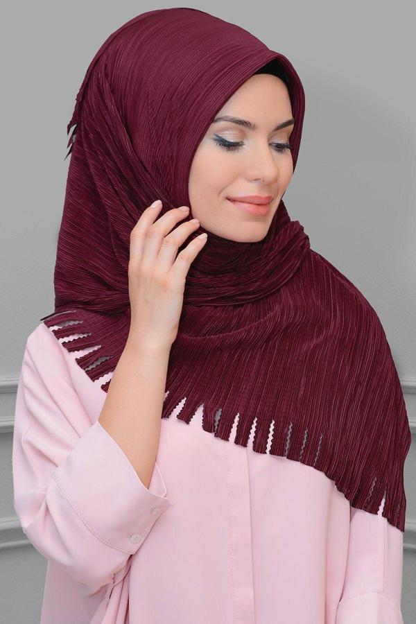 Hürrem Bone Bordo Pratik Hazır Geçmeli Tesettür Eşarp Fukuro Piliseli Saçaklı Lazer Kesim 1828_16 - Image 1