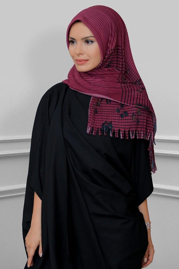 Hürrem Bone Bordo Pratik Hazır Geçmeli Tesettür Eşarp Kesik Elyaf Piliseli Çiçek Desenli 1818D1_16 - Image 1