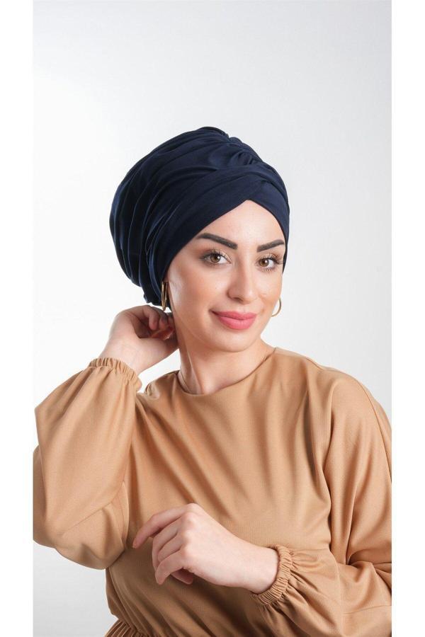Hürrem Bone Lacivert Pratik Hazır Geçmeli Tesettür Bone Sandy Kumaş Büzgülü 2114_02 - Image 1