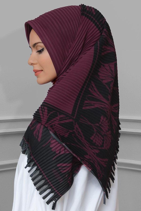 Hürrem Bone Bordo Pratik Hazır Geçmeli Tesettür Eşarp Kesik Elyaf Piliseli Çiçek Desenli 1818D3_16 - Image 1