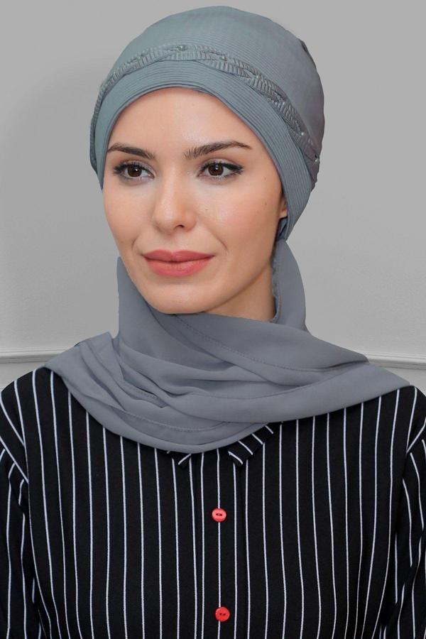 Hürrem Bone Gri Pratik Hazır Geçmeli Tesettür Bone Fukuro Piliseli Örgülü Şifon Atkılı 1825A_15 - Image 1