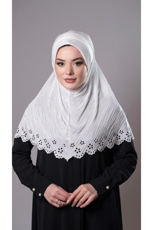 Hürrem Bone Krem Pratik Hazır Geçmeli Tesettür Eşarp Fukuro Kumaş Piliseli Çiçek Desenli Lazer Kesim 1829_40 - Image 1
