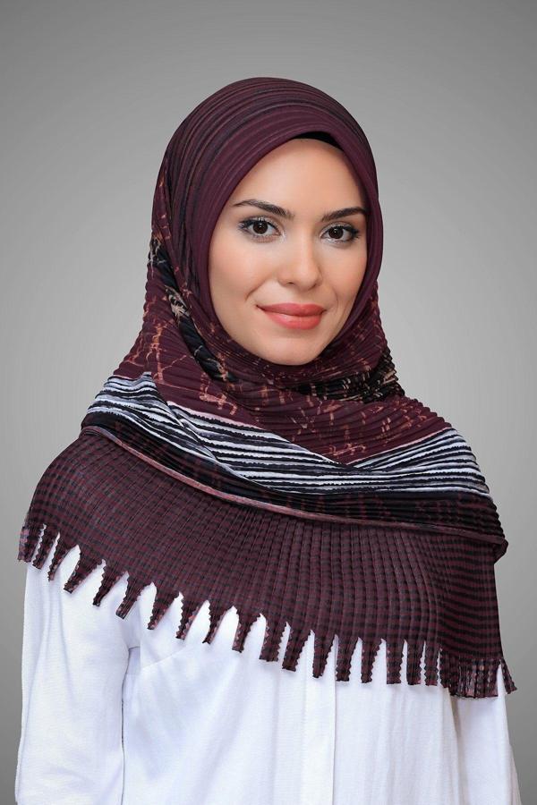 Hürrem Bone Bordo Pratik Hazır Geçmeli Tesettür Eşarp Kesik Elyaf Piliseli Çiçek Desenli 1818D4_16 - Image 1