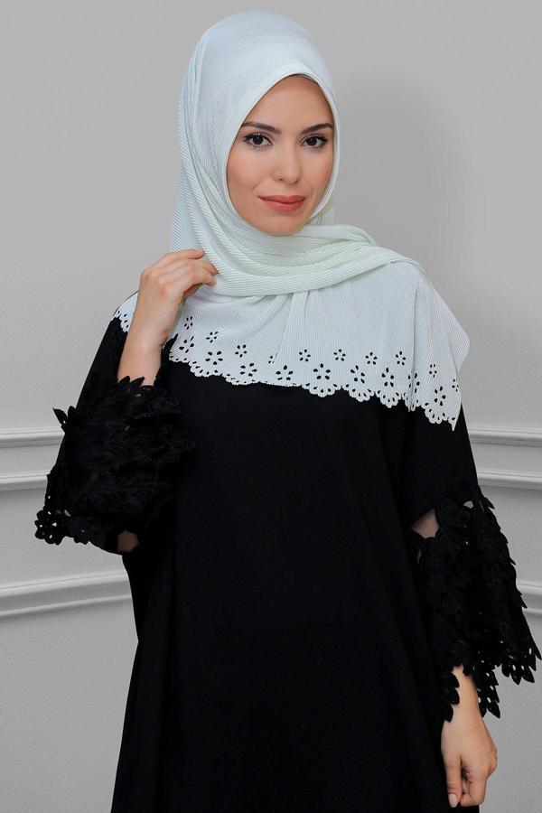 Hürrem Bone Krem Pratik Hazır Geçmeli Tesettür Eşarp Fukuro Piliseli Çiçek Desenli Lazer Kesim 1819_40 - Image 1