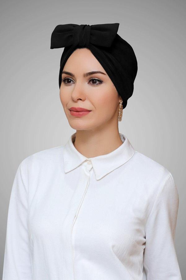Hürrem Bone Siyah Pratik Hazır Geçmeli Tesettür Bone Sandy Kumaş Fiyonklu Büzgülü 7006_01 - Image 1